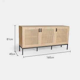 Dulap depozitare living VonHaus 3000287, cu 3 rafturi depozitare, din MDF, cu aspect de ratan, cadru si manere din metal, maro