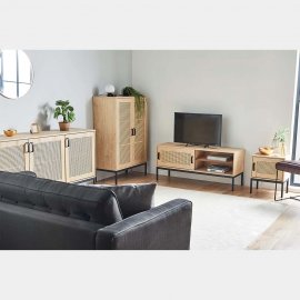 Dulap depozitare living VonHaus 3000287, cu 3 rafturi depozitare, din MDF, cu aspect de ratan, cadru si manere din metal, maro