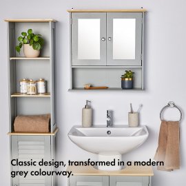 Dulap depozitare pentru baie, cu oglinda VonHaus 3000028.1, cu 3 rafturi si 2 usi, din MDF melaminat, cu aspect de lemn, 56x13x58cm, gri