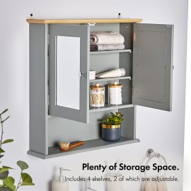 Dulap depozitare pentru baie, cu oglinda VonHaus 3000028.1, cu 3 rafturi si 2 usi, din MDF melaminat, cu aspect de lemn, 56x13x58cm, gri