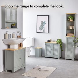 Dulap depozitare pentru baie, cu oglinda VonHaus 3000028.1, cu 3 rafturi si 2 usi, din MDF melaminat, cu aspect de lemn, 56x13x58cm, gri