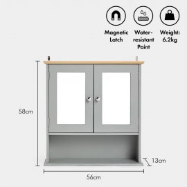 Dulap depozitare pentru baie, cu oglinda VonHaus 3000028.1, cu 3 rafturi si 2 usi, din MDF melaminat, cu aspect de lemn, 56x13x58cm, gri