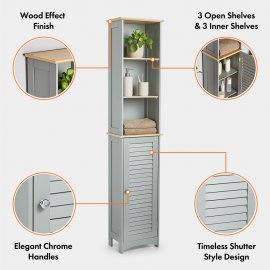 Dulap depozitare pentru baie VonHaus 3000029.1, cu 3 rafturi exterioare si 3 interioare cu usa, din MDF melaminat cu aspect de lemn, 34x23x166cm, gri