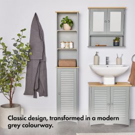 Dulap depozitare pentru baie VonHaus 3000029.1, cu 3 rafturi exterioare si 3 interioare cu usa, din MDF melaminat cu aspect de lemn, 34x23x166cm, gri