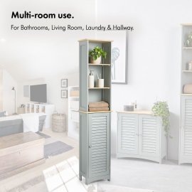 Dulap depozitare pentru baie VonHaus 3000029.1, cu 3 rafturi exterioare si 3 interioare cu usa, din MDF melaminat cu aspect de lemn, 34x23x166cm, gri