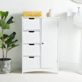 Dulap depozitare pentru baie VonHaus 3009001, cu 4 sertare si o usa cu rafturi interioare, din MDF cu aspect de lemn, 55x30x82cm, alb