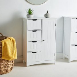 Dulap depozitare pentru baie VonHaus 3009001, cu 4 sertare si o usa cu rafturi interioare, din MDF cu aspect de lemn, 55x30x82cm, alb