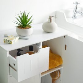 Dulap depozitare pentru baie VonHaus 3009001, cu 4 sertare si o usa cu rafturi interioare, din MDF cu aspect de lemn, 55x30x82cm, alb