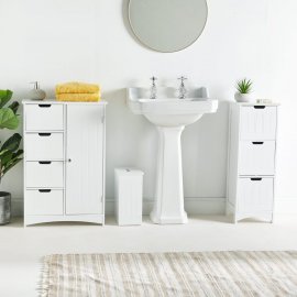 Dulap depozitare pentru baie VonHaus 3009001, cu 4 sertare si o usa cu rafturi interioare, din MDF cu aspect de lemn, 55x30x82cm, alb
