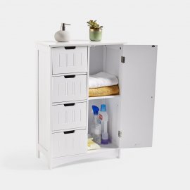 Dulap depozitare pentru baie VonHaus 3009001, cu 4 sertare si o usa cu rafturi interioare, din MDF cu aspect de lemn, 55x30x82cm, alb