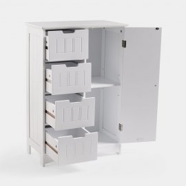 Dulap depozitare pentru baie VonHaus 3009001, cu 4 sertare si o usa cu rafturi interioare, din MDF cu aspect de lemn, 55x30x82cm, alb
