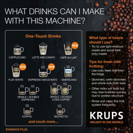 Espressor automat Krups Evidence Eco-Design EA894T10, 1450W, 15 bari, 8 retete de bauturi, rasnita metalica, 3 trepte de temperatura, functie One-Touch-Cappuccino, negru