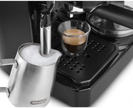 Espressor de cafea 2-in-1, clasic si cu filtru DeLonghi BCO411.B, capacitate 1.2L, putere 1750W, sistem cappucino, suport filtru compatibil cu capsule