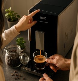 Espressor Automat cu Cafea Boabe HAEGER Caffee Crema, 19 Bar, 1350W, Rezervor 1.2L, Rasnita Integrata, Sistem Cappuccino / Spuma Lapte, Design Slim, Panou Digital, CM-AUT.012A