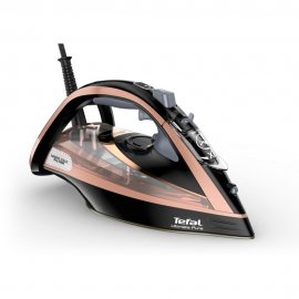 Fier de calcat cu abur Tefal Ultimate Pure FV9867, putere 3000W, jet de abur 250g/min, capacitate rezervor 350ml, talpa Durilium AirGlide Autoclean, filtru Micro-Calc, negru si auriu