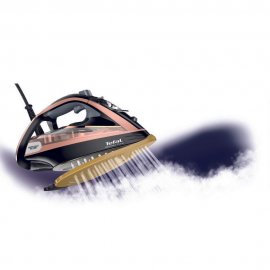 Fier de calcat cu abur Tefal Ultimate Pure FV9867, putere 3000W, jet de abur 250g/min, capacitate rezervor 350ml, talpa Durilium AirGlide Autoclean, filtru Micro-Calc, negru si auriu