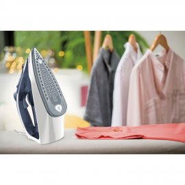 Fier de calcat Tefal Express Steam FV2837E0, 2400W, jet de abur 165 g/min, abur variabil 0-35 g/min, 270 ml, talpa Cerilium, alb/ albastru deschis
