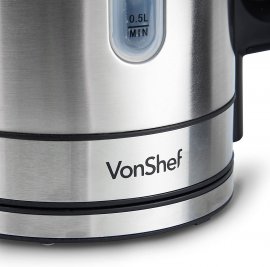Fierbator de apa fara fir cu temperatura variabila VonShef 2013348, din otel inoxidabil, capacitate 1.7L, lumini LED, baza rotativa, protectie la incalzire uscata