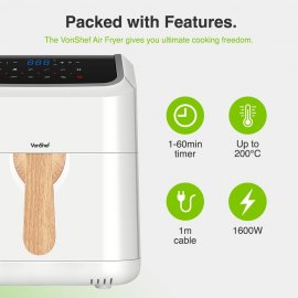 Friteuza cu aer cald Fika VonShef 2000226 , putere 1600W, capacitate 5L, 10 functii prestabilite, 50-200 grade C, cronometru 60 min, bej