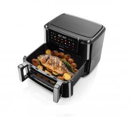 Friteuza cu Aer Cald HAEGER Super Cook 10L Digital Air Fryer, Volum XXL de 10 L Separabil in 2 x 5 L, 10 Programe Automate, 2600 W, AF-D10.010B