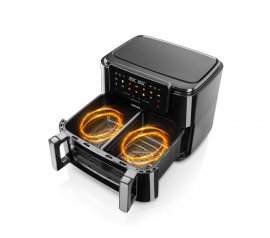 Friteuza cu Aer Cald HAEGER Super Cook 10L Digital Air Fryer, Volum XXL de 10 L Separabil in 2 x 5 L, 10 Programe Automate, 2600 W, AF-D10.010B