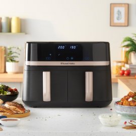 Friteuza cu aer cald Russell Hobbs Dual Easy Fry & Grill 27680, 2800 W, capacitate 9 L, 9 programe automate, Tehnologia ExtraCrisp, vas detasabil antiaderent, Display LCD