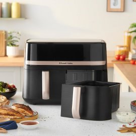 Friteuza cu aer cald Russell Hobbs Dual Easy Fry & Grill 27680, 2800 W, capacitate 9 L, 9 programe automate, Tehnologia ExtraCrisp, vas detasabil antiaderent, Display LCD