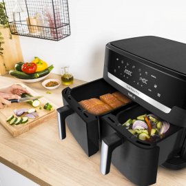 Friteuza cu aer cald Tefal Dual Easy Fry XXL EY9428E0, 2700 W, capacitate 11 L, 7 programe automate, vase detasabile antiaderente, display LCD, negru