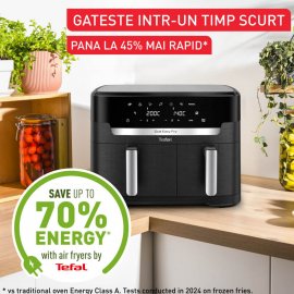 Friteuza cu aer cald Tefal Dual Easy Fry XXL EY9428E0, 2700 W, capacitate 11 L, 7 programe automate, vase detasabile antiaderente, display LCD, negru