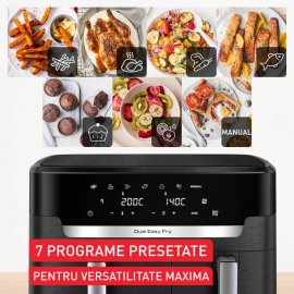 Friteuza cu aer cald Tefal Dual Easy Fry XXL EY9428E0, 2700 W, capacitate 11 L, 7 programe automate, vase detasabile antiaderente, display LCD, negru