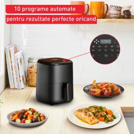 Friteuza cu aer cald Tefal Easy Fry Compact EY145810, 1300W, 10 programe, capacitate 3L, ecran tactil, vas detasabil antiaderent, oprire automata, negru