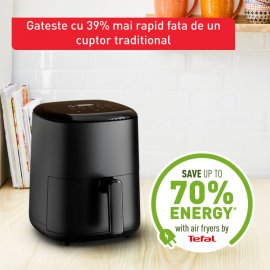 Friteuza cu aer cald Tefal Easy Fry Compact EY145810, 1300W, 10 programe, capacitate 3L, ecran tactil, vas detasabil antiaderent, oprire automata, negru