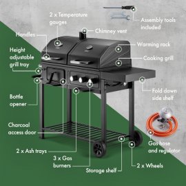 Gratar Exterior pt Gradina pe Carbune, Lemn si Gaz / Butelie cu Afumatoare VonHaus 2500935, 3 arzatoare si suprafata laterala depozitare, cu rafturi, negru