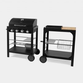 Gratar pentru gradina, cu 4 arzatoare pe gaz VonHaus 2502041, placa din fonta pentru gatit, suprafata laterala pentru pregatirea alimentelor cu roti, negru