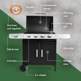Gratar pentru gradina, pe gaz, cu 4 arzatoare si un arzator lateral VonHaus 2500545.1, placa din portelan antiaderent, negru