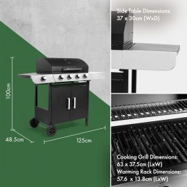 Gratar pentru gradina, pe gaz, cu 4 arzatoare si un arzator lateral VonHaus 2500545.1, placa din portelan antiaderent, negru