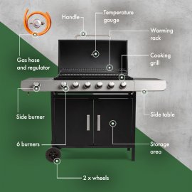 Gratar pentru Gradina / Curte, pe Gaz, cu 6 arzatoare si un arzator lateral VonHaus 2500546.1, placa din portelan antiaderent, negru