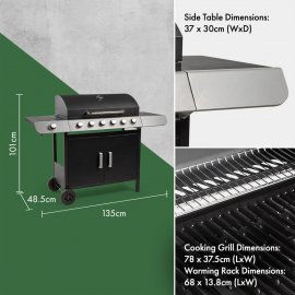 Gratar pentru Gradina / Curte, pe Gaz, cu 6 arzatoare si un arzator lateral VonHaus 2500546.1, placa din portelan antiaderent, negru
