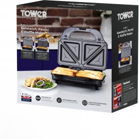 Grill  Sandwich and Waffle Maker 3-in-1 Tower T27020, Putere 900W, Placi Antiaderente, Dimensiuni 32.4 x 32.29 x 16 cm