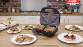 Grill  Sandwich and Waffle Maker 3-in-1 Tower T27020, Putere 900W, Placi Antiaderente, Dimensiuni 32.4 x 32.29 x 16 cm