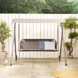 Leagan de exterior cu copertina, cu 3 locuri VonHaus 2500893, cadru din otel, capacitate maxima 180 kg, gri