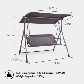 Leagan de exterior cu copertina, cu 3 locuri VonHaus 2500893, cadru din otel, capacitate maxima 180 kg, gri