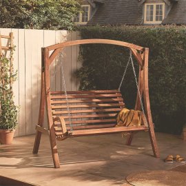 Leagan pentru exterior, cu 2 locuri, din lemn de larice VonHaus 2500340, capacitate maxima 220 kg, maro