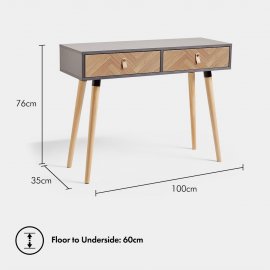 Masa consola Herringbone VonHaus 3000565, cu 2 sertare, din PAL acoperit cu furnir, picioare din lemn de pin, 76x100x35cm, maro si gri