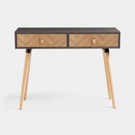 Masa consola Herringbone VonHaus 3000565, cu 2 sertare, din PAL acoperit cu furnir, picioare din lemn de pin, 76x100x35cm, maro si gri