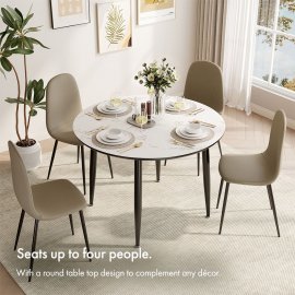 Masa rotunda de dining VonHaus 3000884, din MDF cu aspect de marmura si picioare negre din metal, capacitate maxima 50 kg