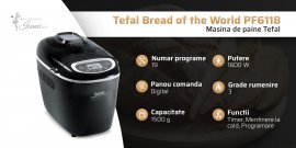Masina de paine Tefal Bread of the World PF6118, Putere 1600 W, Capacitate 1500 g, 19 programe, Accesorii multiple, Negru