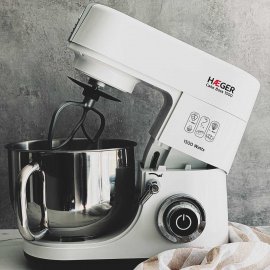 Robot Bucatarie tip Mixer Planetar Semiprofesional HAEGER Cake Boss, 1500W, Angrenaje Metal, Bol Inox 6 Litri, 6 Viteze + Boost, 3 Accesorii pt Framantat,Batut, Amestecat, BL-15B.012A 