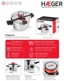 Oala de Fiert Sub Presiune HAEGER Easy Cooker 2in1, 6 Litri, Diametru 22cm, Otel Inoxidabil de Inalta Calitate, 3 Sisteme de Siguranta, Compatibila Gaz, Electric si Inductie, PC-6SS.022A