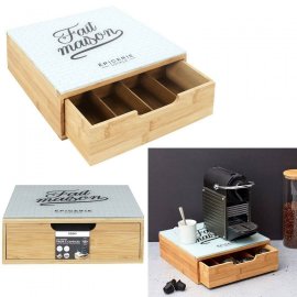 Organizator capsule cafea ,plicuri ceai,plicuri zahar,suport aparat cafea din lemn cu sticla design modern